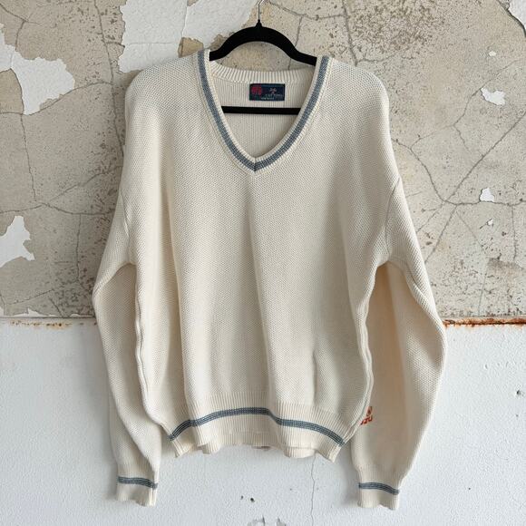 Vtg 90s Sweater Men L Cricket V Neck Sweater Cream Embroidered Isuzu Logo Preppy - Picture 1 of 12